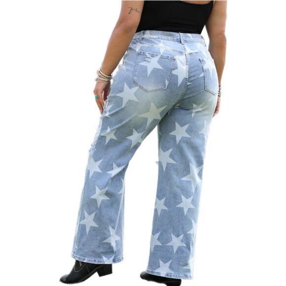 💫 Sky Blue Star Print Distressed Slit Knee Jeans – Plus Size 1X - Picture 3 of 6
